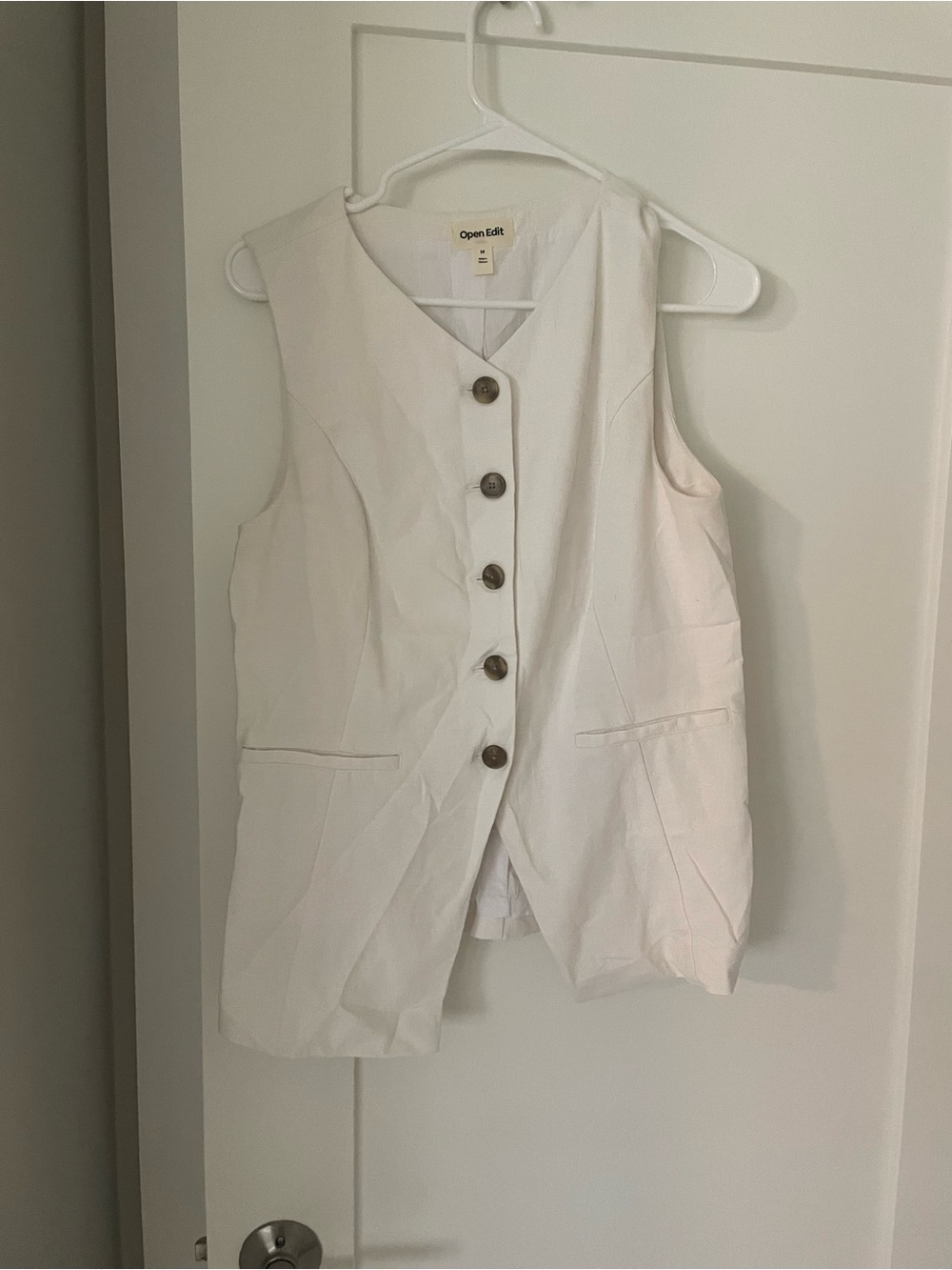 Nordstrom Open Edit Linen Blend White Sleeveless Button-Front Vest